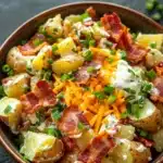 Creamy loaded baked potato salad - the image is a close-up of a bowl of potato salad. the bowl is made of ceramic and is placed on a dark grey countertop. the salad is made up of diced potatoes, diced carrots, bacon, and chopped green onions. the potatoes are golden brown and appear to be seasoned with herbs and spices. the bacon is crispy and golden brown, and the cheese is melted and bubbly. the green onions are scattered throughout the salad, adding a pop of color to the dish. there is also a dollop of sour cream on top of the potatoes.