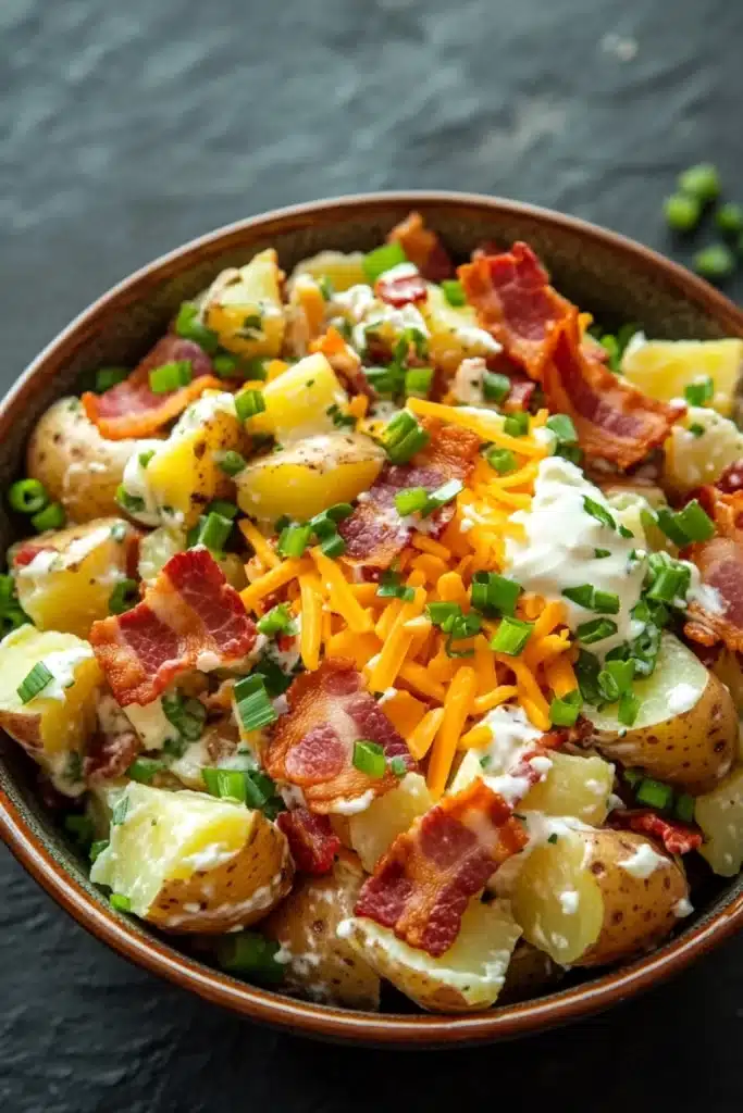 Creamy loaded baked potato salad - the image is a close-up of a bowl of potato salad. the bowl is made of ceramic and is placed on a dark grey countertop. the salad is made up of diced potatoes, diced carrots, bacon, and chopped green onions. the potatoes are golden brown and appear to be seasoned with herbs and spices. the bacon is crispy and golden brown, and the cheese is melted and bubbly. the green onions are scattered throughout the salad, adding a pop of color to the dish. there is also a dollop of sour cream on top of the potatoes.