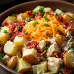 Creamy loaded baked potato salad - the image is a close-up of a bowl of potato salad. the bowl is made of dark brown ceramic and is placed on a wooden table. the salad is made up of diced potatoes, diced bacon, shredded cheese, and chopped green onions. the potatoes are golden brown and appear to be seasoned with herbs and spices. the cheese is melted and bubbly, and the bacon is crispy on the outside. the green onions are scattered throughout the salad, adding a pop of color to the dish. in the background, there is another bowl of shredded carrots, which is visible in the top left corner of the image.