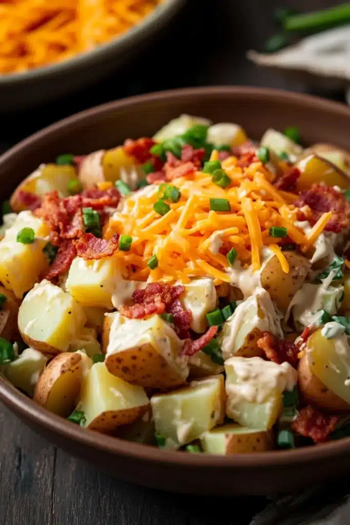 Creamy loaded baked potato salad - the image is a close-up of a bowl of potato salad. the bowl is made of dark brown ceramic and is placed on a wooden table. the salad is made up of diced potatoes, diced bacon, shredded cheese, and chopped green onions. the potatoes are golden brown and appear to be seasoned with herbs and spices. the cheese is melted and bubbly, and the bacon is crispy on the outside. the green onions are scattered throughout the salad, adding a pop of color to the dish. in the background, there is another bowl of shredded carrots, which is visible in the top left corner of the image.