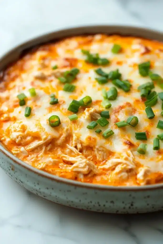 Crock pot buffalo chicken dip - the image shows a close-up of a casserole dish with a creamy orange-colored dip in it. the dip appears to be made with shredded chicken, cheese, and chopped green onions. the dish is sitting on a white marble countertop. the edges of the dish are slightly frayed, indicating that it has been cooked. the overall appearance is appetizing and ready to eat.