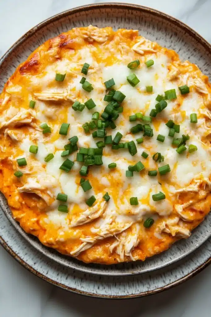Crock pot buffalo chicken dip - the image is a close-up of a round pizza on a gray plate. the pizza has a golden-brown crust and is topped with melted cheese and chopped green onions. the cheese appears to be melted and bubbly, and the onions are bright green. the plate is sitting on a white marble countertop.