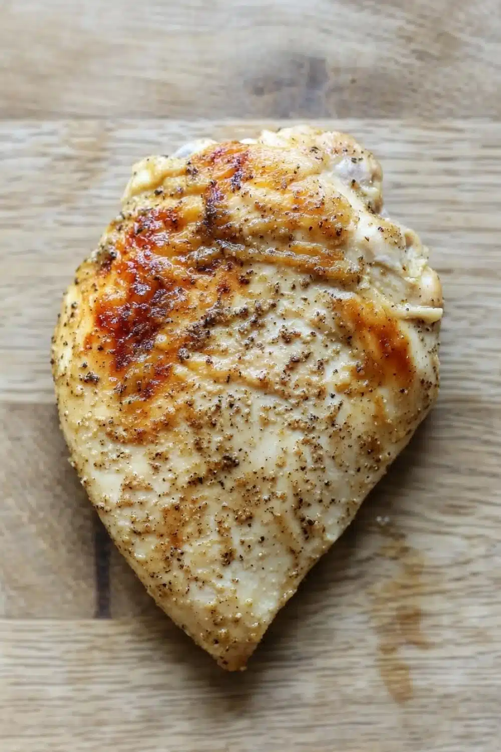 Crock pot chicken breast - the image shows a piece of grilled chicken breast on a wooden cutting board. the chicken breast is golden brown and appears to be seasoned with herbs and spices. the skin of the chicken is crispy and golden brown, indicating that it has been cooked to perfection. the seasoning is visible on the top of the breast, with small flecks of herbs scattered throughout. the cutting board has a light-colored wood grain pattern, and the background is blurred, making the chicken the focal point of the image.