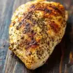Crock pot chicken breast - the image shows a piece of grilled chicken breast on a wooden cutting board. the chicken breast is golden brown and appears to be seasoned with herbs and spices. it is resting on the cutting board with a few crumbs scattered around it. the background is blurred, but it seems to be a kitchen countertop. the overall mood of the image is rustic and appetizing.