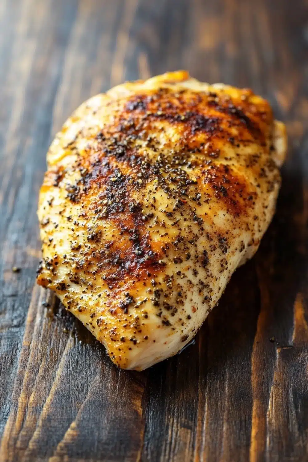 Crock pot chicken breast - the image shows a piece of grilled chicken breast on a wooden cutting board. the chicken breast is golden brown and appears to be seasoned with herbs and spices. it is resting on the cutting board with a few crumbs scattered around it. the background is blurred, but it seems to be a kitchen countertop. the overall mood of the image is rustic and appetizing.
