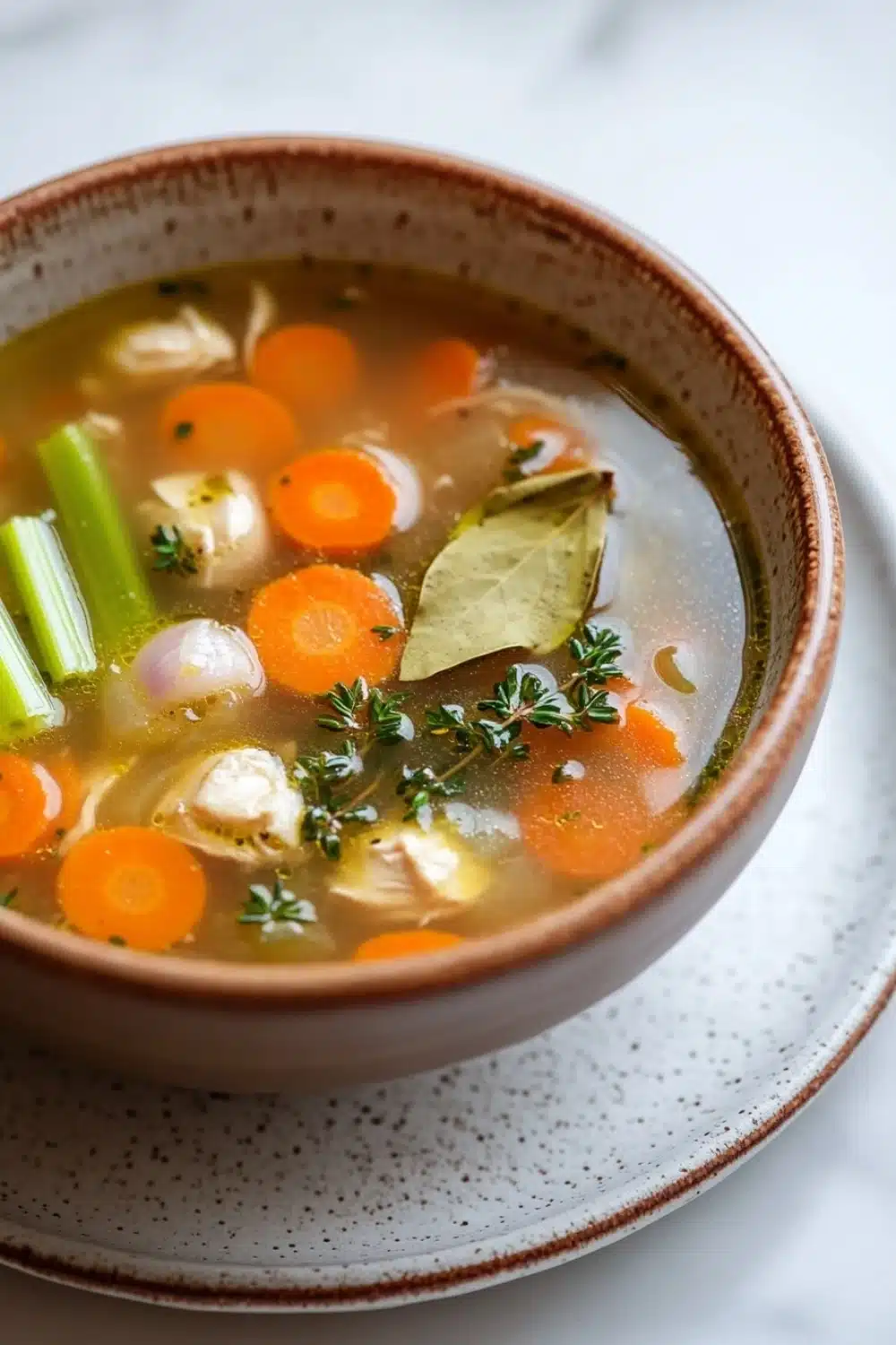 Crock pot chicken broth - the image is a close-up of a bowl of soup. the soup appears to be a vegetable soup with chunks of carrots, celery, onions, and other vegetables mixed in. there is a sprig of thyme on top of the soup, adding a pop of green color to the dish. the bowl is sitting on a white plate with a speckled pattern. the background is blurred, making the soup the focal point of the image.