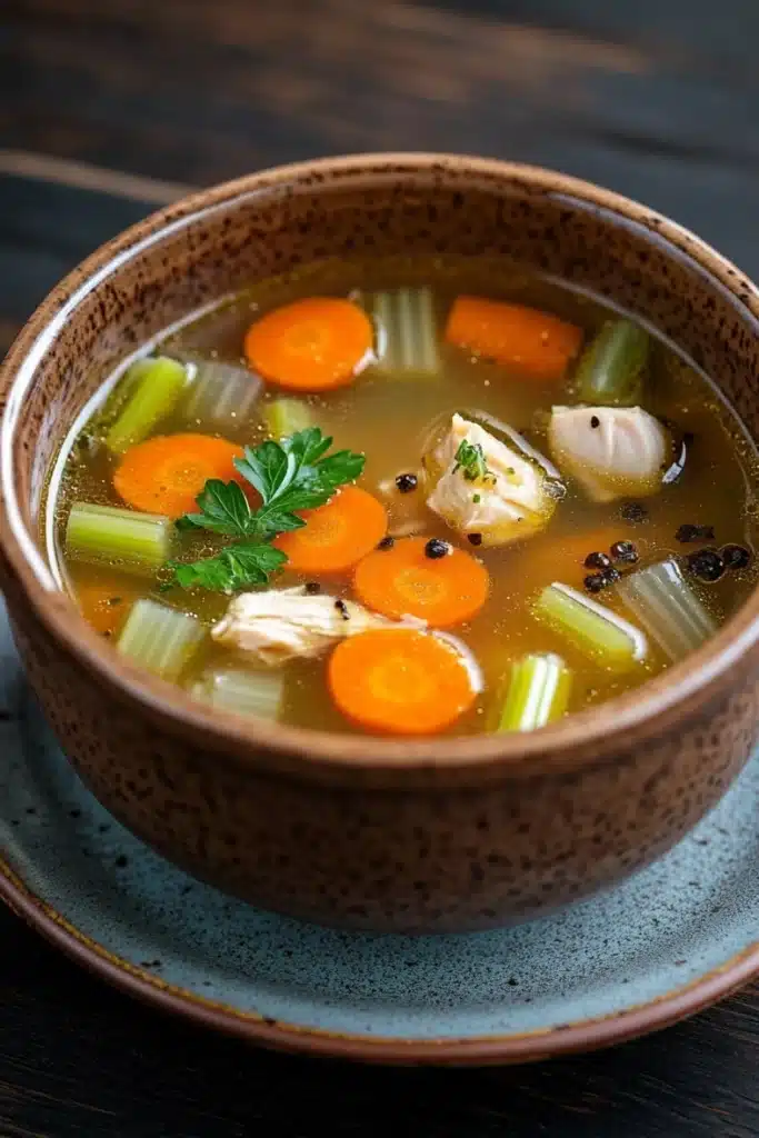 Crock pot chicken broth - the image is a close-up of a bowl of soup. the bowl is made of ceramic and has a dark brown color with a speckled pattern. the soup appears to be a broth with chunks of chicken, carrots, celery, and other vegetables mixed in. there is a sprig of parsley on top of the soup, adding a pop of green color to the dish. the background is a dark wooden table.