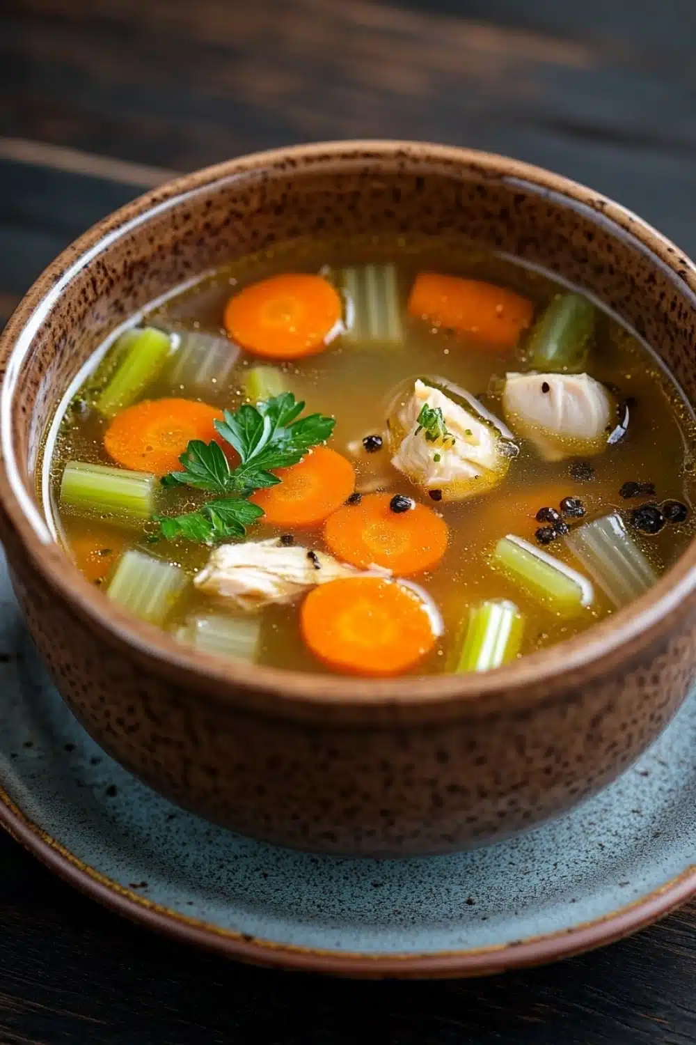 Crock pot chicken broth - the image is a close-up of a bowl of soup. the bowl is made of ceramic and has a dark brown color with a speckled pattern. the soup appears to be a broth with chunks of chicken, carrots, celery, and other vegetables mixed in. there is a sprig of parsley on top of the soup, adding a pop of green color to the dish. the background is a dark wooden table.