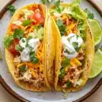Crock pot chicken tacos - the image shows two tacos on a plate. the tacos are made with a tortilla shell and are filled with shredded chicken, diced tomatoes, shredded cheese, and a dollop of sour cream. the plate is garnished with fresh cilantro and lime wedges. the background is a light beige color.
