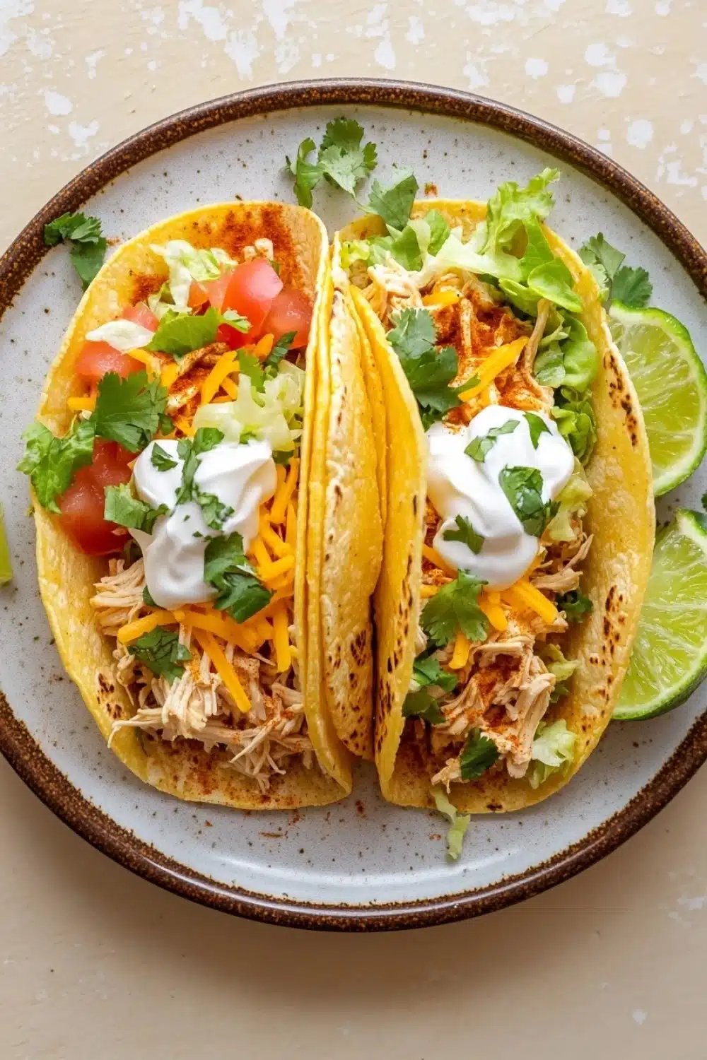 Crock pot chicken tacos - the image shows two tacos on a plate. the tacos are made with a tortilla shell and are filled with shredded chicken, diced tomatoes, shredded cheese, and a dollop of sour cream. the plate is garnished with fresh cilantro and lime wedges. the background is a light beige color.
