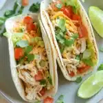 Crock pot chicken tacos - the image shows two tacos on a white plate. the tacos are filled with shredded chicken, diced tomatoes, cilantro, and shredded cheese. there are also two lime wedges on the plate, suggesting that the tacos are ready to be eaten. the plate is garnished with fresh cilantro leaves. the background is a wooden table with a white napkin.