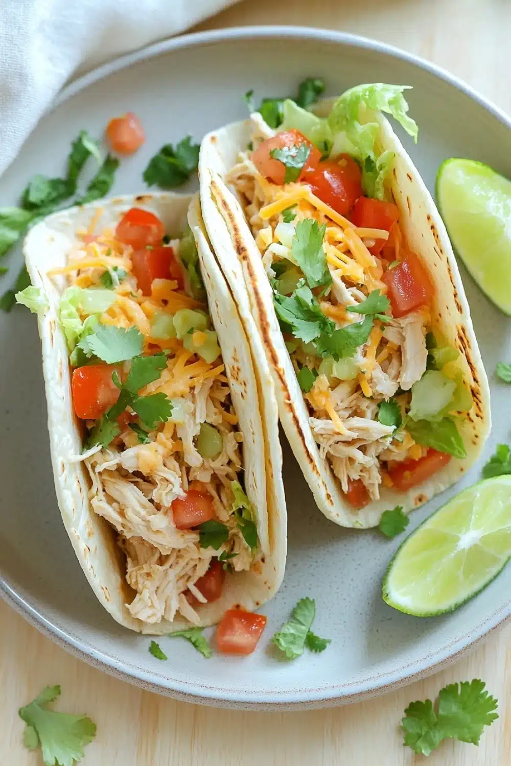 Crock pot chicken tacos - the image shows two tacos on a white plate. the tacos are filled with shredded chicken, diced tomatoes, cilantro, and shredded cheese. there are also two lime wedges on the plate, suggesting that the tacos are ready to be eaten. the plate is garnished with fresh cilantro leaves. the background is a wooden table with a white napkin.