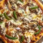 Deep dish pizza sourdough - the image is of a large pizza on a wooden cutting board. the pizza has a golden brown crust and is topped with melted cheese, sliced mushrooms, red onions, and green bell peppers. the toppings are arranged in a circular pattern on top of the pizza. the background is a white marble countertop.