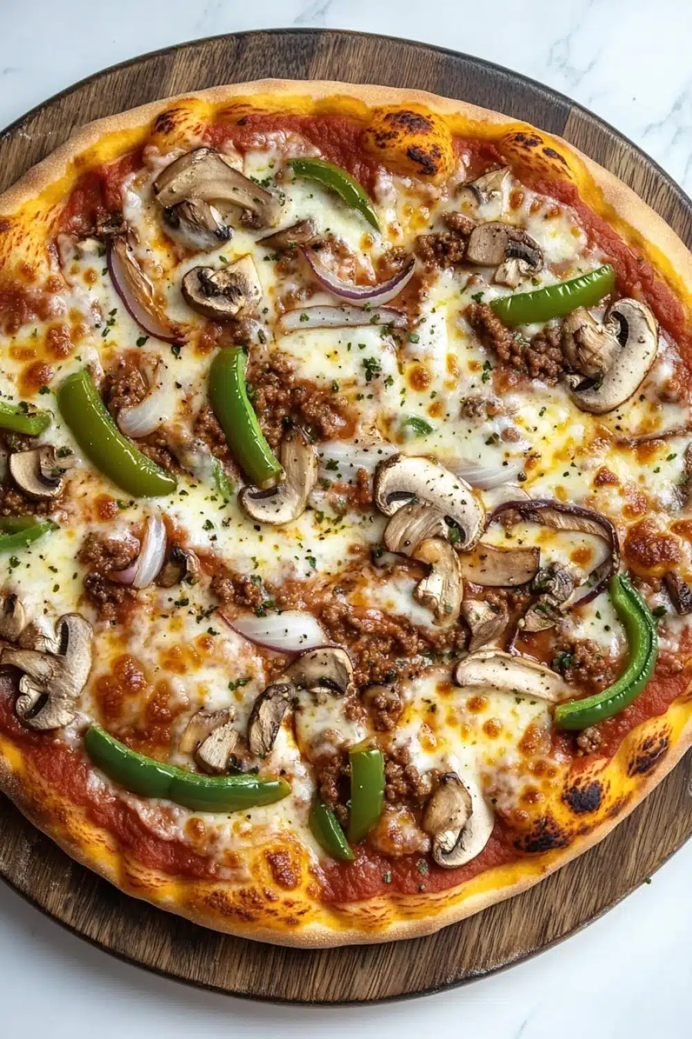 Deep dish pizza sourdough - the image is of a large pizza on a wooden cutting board. the pizza has a golden brown crust and is topped with melted cheese, sliced mushrooms, red onions, and green bell peppers. the toppings are arranged in a circular pattern on top of the pizza. the background is a white marble countertop.