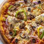 Deep dish pizza sourdough - the image is of a large pizza on a wooden cutting board. the pizza has a golden brown crust and is topped with melted cheese, sliced mushrooms, red onions, green bell peppers, and black olives. the cheese is melted and bubbly, and the toppings are arranged in a circular pattern around the edges of the pizza. the background is a white wooden table.