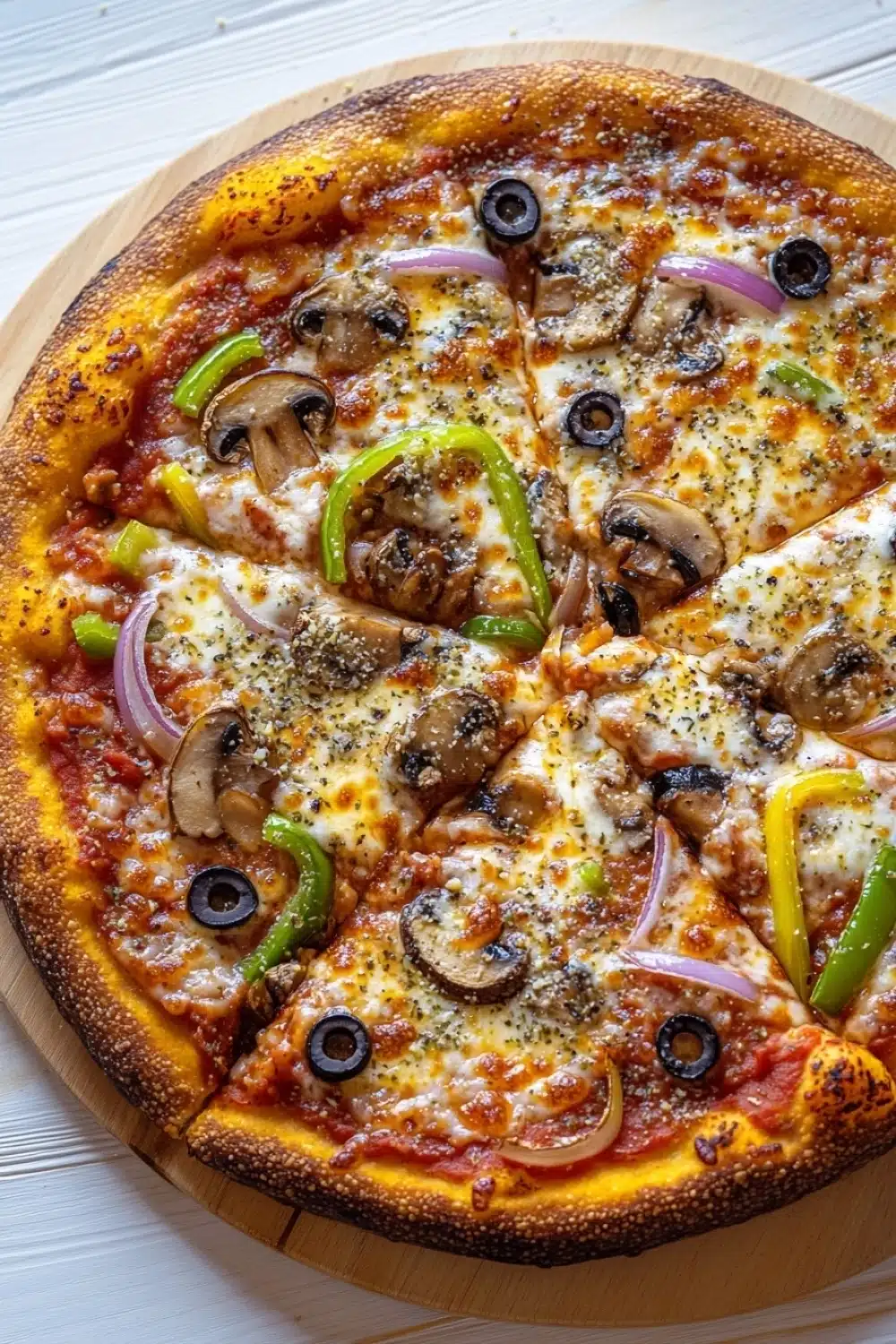 Deep dish pizza sourdough - the image is of a large pizza on a wooden cutting board. the pizza has a golden brown crust and is topped with melted cheese, sliced mushrooms, red onions, green bell peppers, and black olives. the cheese is melted and bubbly, and the toppings are arranged in a circular pattern around the edges of the pizza. the background is a white wooden table.