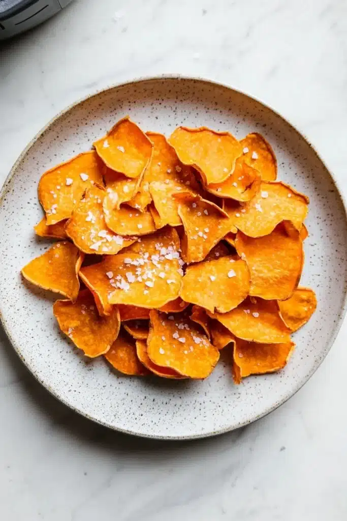 Dehydrated sweet potato chips air fryer - the image shows a plate of orange-colored potato chips on a white marble countertop. the chips are arranged in a circular pattern on the plate, with some overlapping each other. they are sprinkled with sesame seeds, giving them a crunchy texture. in the top right corner of the image, there is an air fryer, suggesting that the chips are being prepared for cooking.