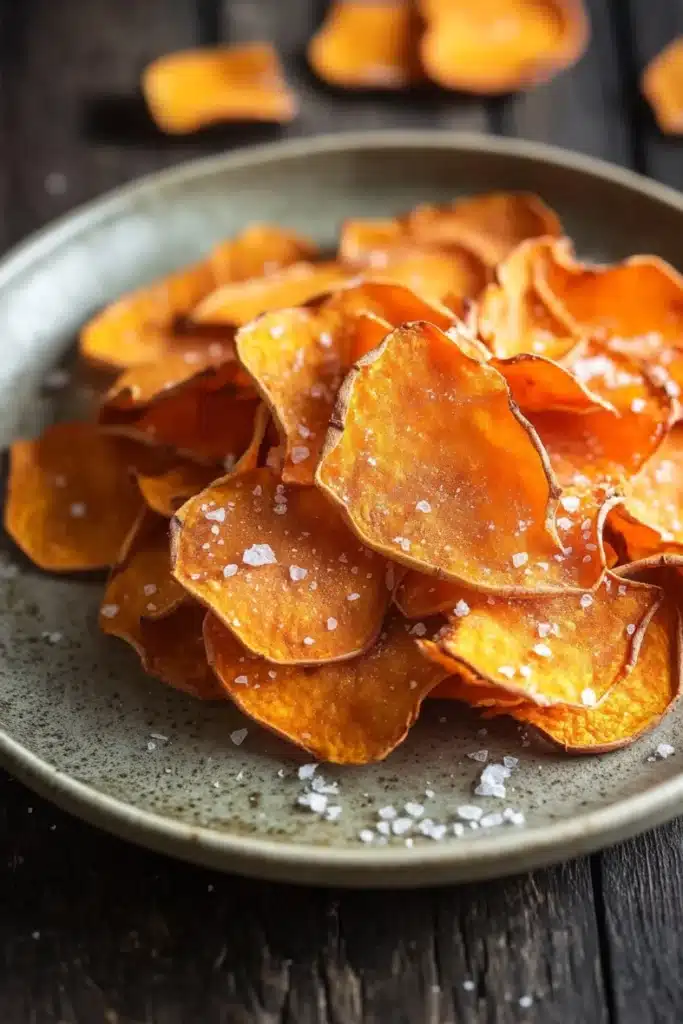 Dehydrated sweet potato chips air fryer - the image shows a plate of sweet potato chips on a dark wooden table. the chips are arranged in a circular pattern on the plate, with some overlapping each other. they are golden brown in color and have a crispy texture. there are small white salt sprinkled on top of the chips, adding a pop of color to the dish. in the background, there are more chips scattered around the plate. the overall mood of the image is rustic and appetizing.