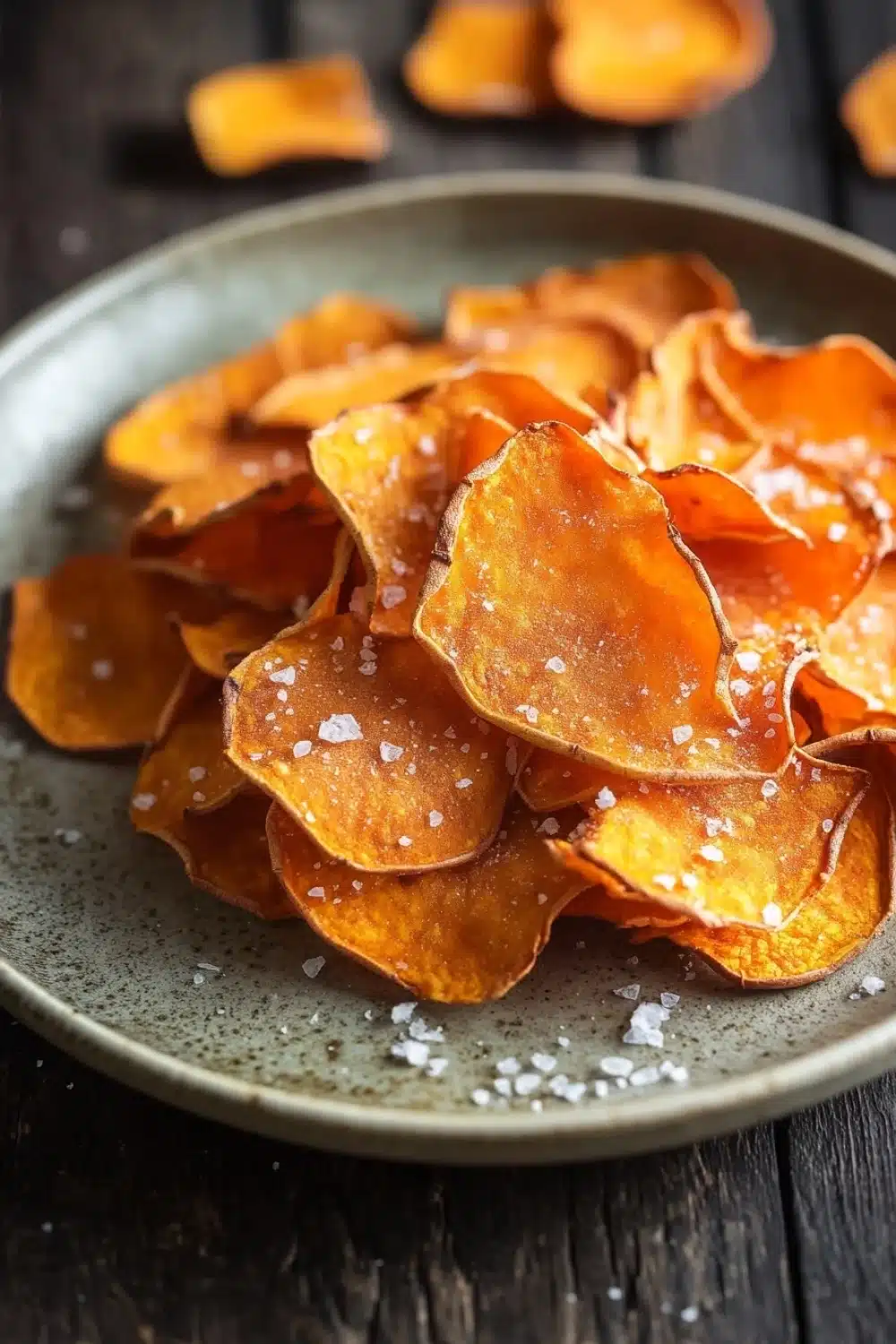 Dehydrated sweet potato chips air fryer - the image shows a plate of sweet potato chips on a dark wooden table. the chips are arranged in a circular pattern on the plate, with some overlapping each other. they are golden brown in color and have a crispy texture. there are small white salt sprinkled on top of the chips, adding a pop of color to the dish. in the background, there are more chips scattered around the plate. the overall mood of the image is rustic and appetizing.
