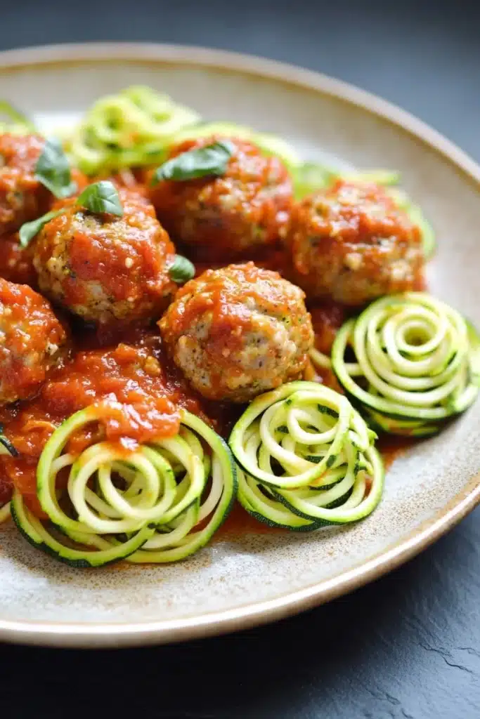 Dinner turkey meatballs with zucchini noodles - the image shows a plate of spaghetti and meatballs. the plate is made of light-colored ceramic and has a beige rim. the meatballs are covered in a red tomato sauce and are arranged in a circular pattern on top of the spaghetti noodles. there are also some fresh basil leaves scattered around the plate. the spaghetti noodles are thin and spiral-like, and they are arranged around the meatballs in a way that they are overlapping each other. the dish appears to be freshly cooked and ready to eat.