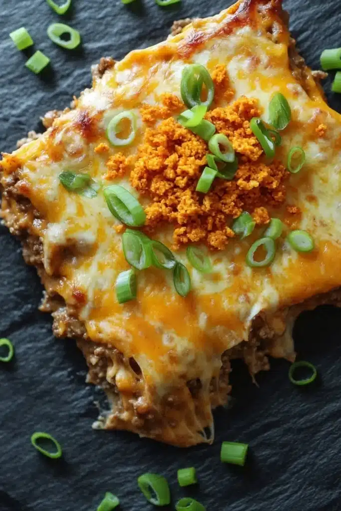 Dorito casserole freezer meal - the image shows a slice of lasagna on a black slate plate. the lasagna has a golden brown crust on top and is topped with melted cheese and chopped green onions. the cheese is melted and bubbly, and there is a layer of ground beef on top. the dish appears to be freshly baked and ready to eat. the plate is garnished with fresh green onions, adding a pop of color to the dish.