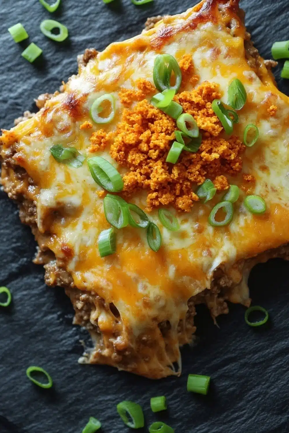 Dorito casserole freezer meal - the image shows a slice of lasagna on a black slate plate. the lasagna has a golden brown crust on top and is topped with melted cheese and chopped green onions. the cheese is melted and bubbly, and there is a layer of ground beef on top. the dish appears to be freshly baked and ready to eat. the plate is garnished with fresh green onions, adding a pop of color to the dish.