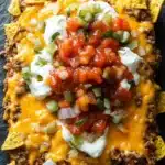 Dorito casserole freezer meal - the image is a close-up of a nachos dish on a black slate plate. the dish is made up of a layer of ground beef, melted cheese, diced tomatoes, diced onions, and chopped green onions. the cheese is a bright yellow color and is spread evenly over the top of the dish. there are also a dollop of sour cream on top. the nacho chips are arranged in a circular pattern around the dish, with some overlapping each other. the background is dark, making the dish stand out.