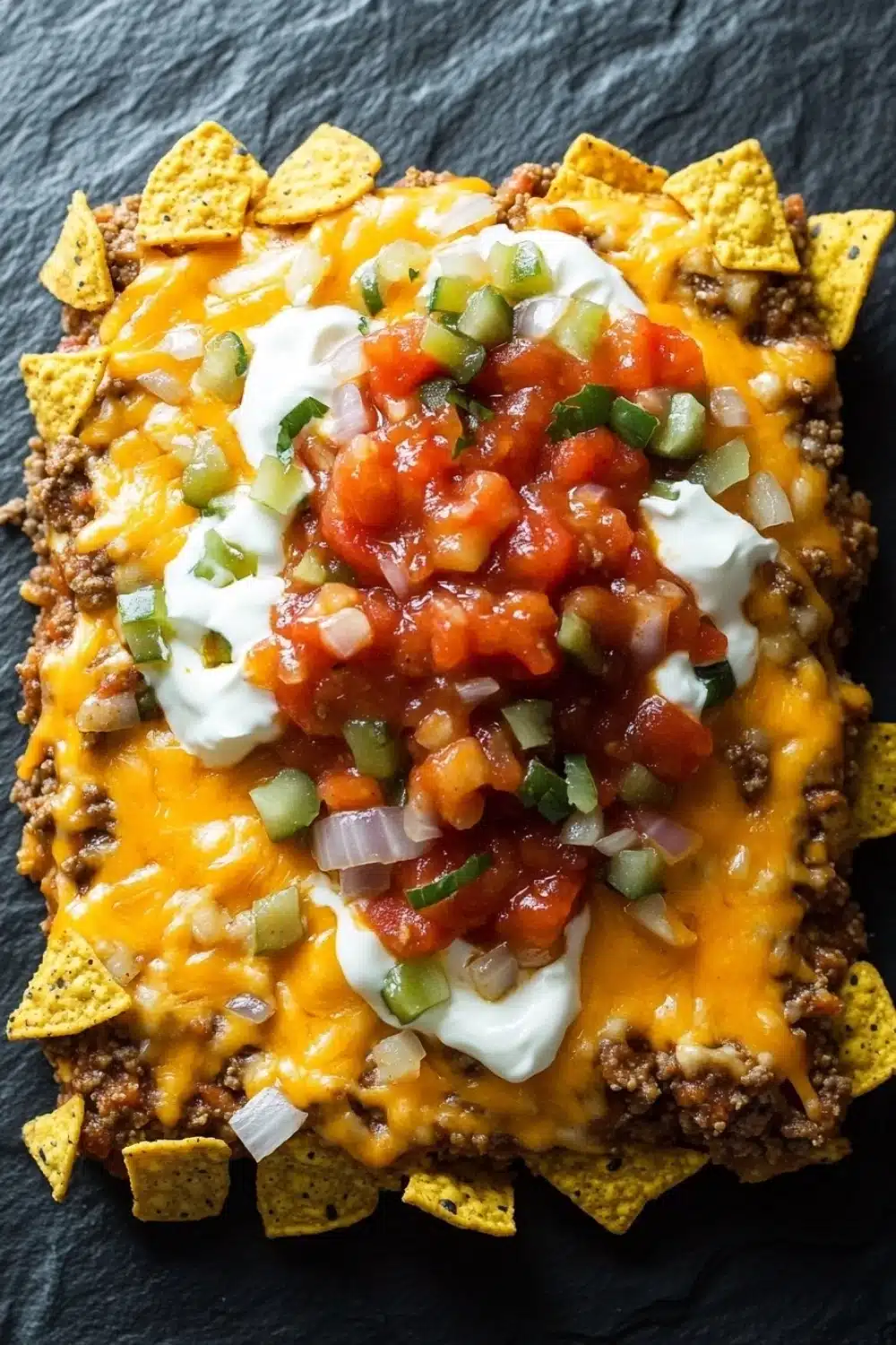 Dorito casserole freezer meal - the image is a close-up of a nachos dish on a black slate plate. the dish is made up of a layer of ground beef, melted cheese, diced tomatoes, diced onions, and chopped green onions. the cheese is a bright yellow color and is spread evenly over the top of the dish. there are also a dollop of sour cream on top. the nacho chips are arranged in a circular pattern around the dish, with some overlapping each other. the background is dark, making the dish stand out.