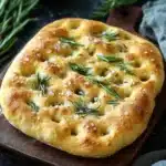 Focaccia bread - the image shows a freshly baked flatbread on a wooden cutting board. the flatbread is golden brown in color and has a criss-cross pattern on top. it is topped with a sprinkle of rosemary sprigs and sprinkled with white salt. the cutting board is placed on a dark grey countertop with a sprig of fresh rosemary on the side. in the background, there is a small wooden pepper mill and a gray cloth napkin. the overall aesthetic of the image is rustic and natural.