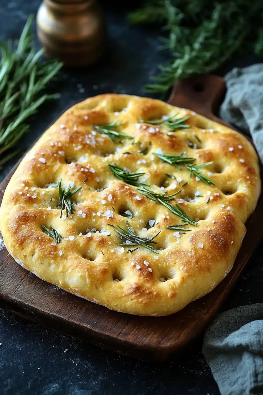 Focaccia bread - the image shows a freshly baked flatbread on a wooden cutting board. the flatbread is golden brown in color and has a criss-cross pattern on top. it is topped with a sprinkle of rosemary sprigs and sprinkled with white salt. the cutting board is placed on a dark grey countertop with a sprig of fresh rosemary on the side. in the background, there is a small wooden pepper mill and a gray cloth napkin. the overall aesthetic of the image is rustic and natural.