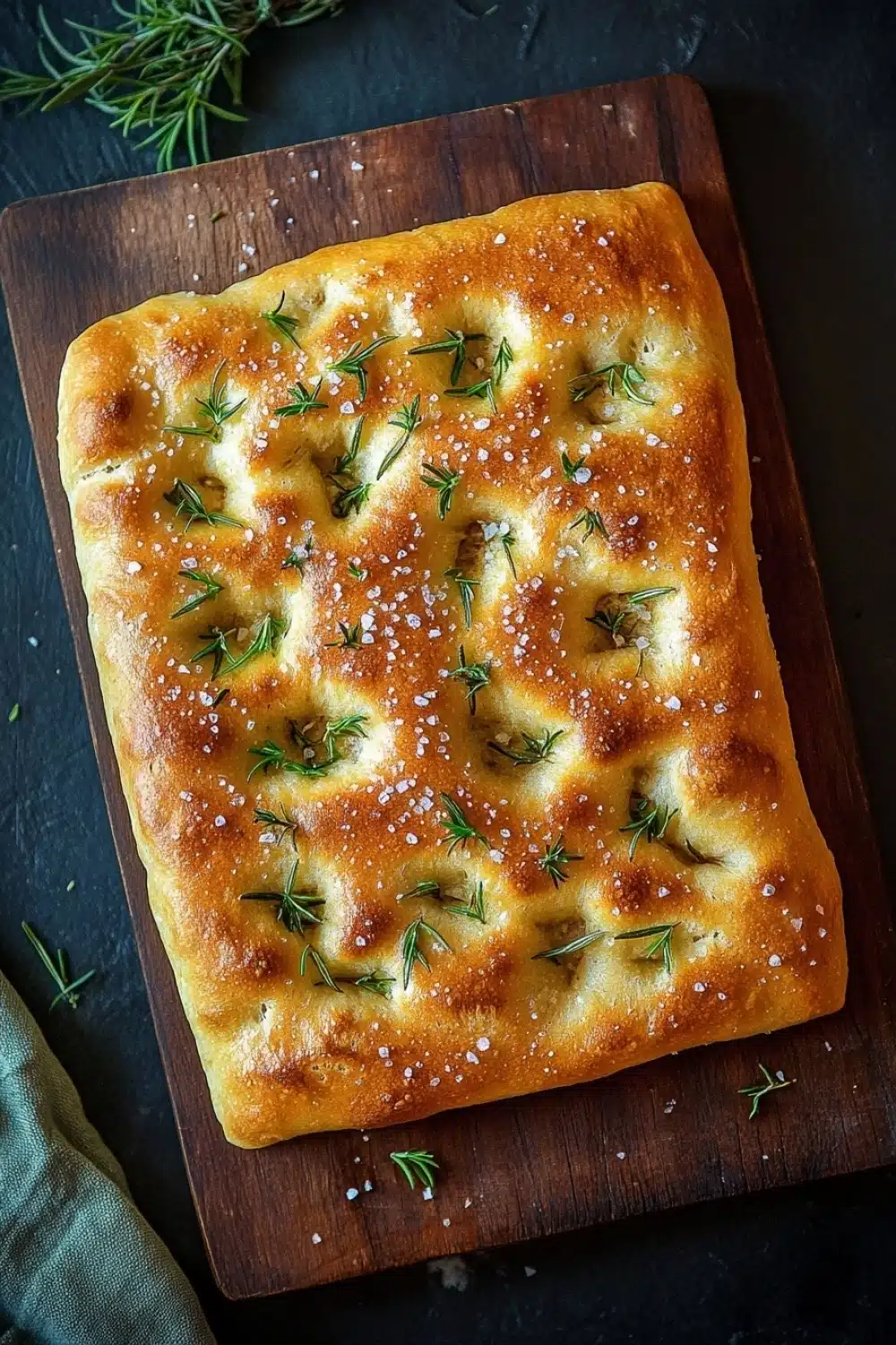 Focaccia bread - the image shows a rectangular piece of bread on a wooden cutting board. the bread appears to be freshly baked and has a golden brown crust. it is topped with a sprinkle of white sesame seeds and fresh rosemary sprigs. the cutting board is placed on a dark grey countertop with a green cloth napkin on the side. the overall aesthetic of the image is rustic and natural.