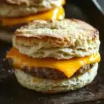 Freezer breakfast sandwiches biscuits - the image shows two biscuits on a black baking tray. the biscuits are golden brown and appear to be freshly baked. they are stacked on top of each other, with the top biscuit slightly overlapping the bottom one. on top of the biscuit, there is a layer of melted cheese, which is a bright yellow color. the cheese is oozing out of the sides of the biscuits. the background is blurred, but it appears to be a kitchen countertop.
