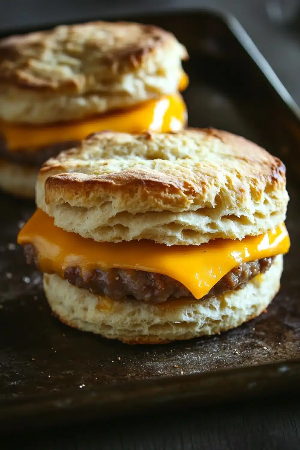 Freezer breakfast sandwiches biscuits - the image shows two biscuits on a black baking tray. the biscuits are golden brown and appear to be freshly baked. they are stacked on top of each other, with the top biscuit slightly overlapping the bottom one. on top of the biscuit, there is a layer of melted cheese, which is a bright yellow color. the cheese is oozing out of the sides of the biscuits. the background is blurred, but it appears to be a kitchen countertop.