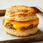 Freezer breakfast sandwiches biscuits - the image shows a breakfast sandwich on a wooden tray. the sandwich is made with two slices of toasted bread, topped with melted cheese. the cheese is a bright yellow color and appears to be melted and oozing out of the sides of the sandwich. the bread is golden brown and looks soft and fluffy. the tray is sitting on a white marble countertop.
