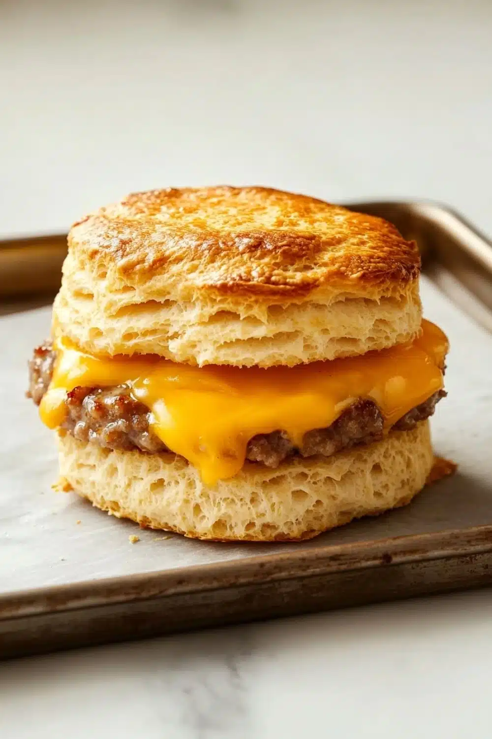 Freezer breakfast sandwiches biscuits - the image shows a breakfast sandwich on a wooden tray. the sandwich is made with two slices of toasted bread, topped with melted cheese. the cheese is a bright yellow color and appears to be melted and oozing out of the sides of the sandwich. the bread is golden brown and looks soft and fluffy. the tray is sitting on a white marble countertop.