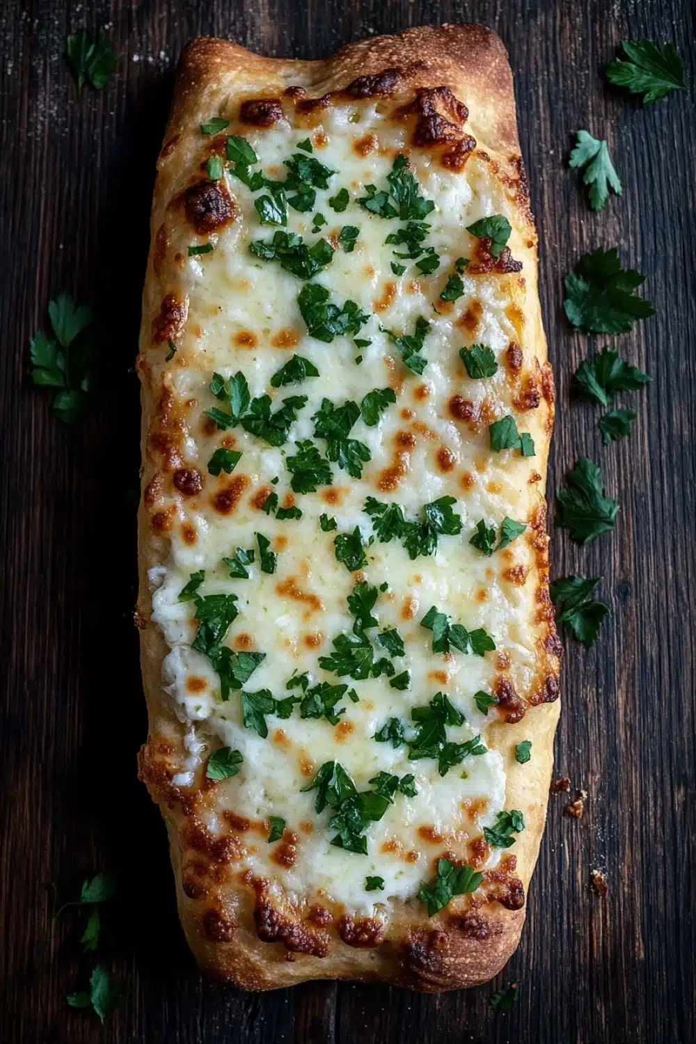 Garlic bread with pizza dough - the image shows a rectangular piece of bread with a golden brown crust on a dark wooden surface. the bread appears to be freshly baked and has a layer of melted cheese on top. the cheese is white and bubbly, and there are small chunks of meat scattered throughout the cheese. on top of the cheese, there is a sprig of fresh parsley, adding a pop of green color to the dish. the parsley is scattered around the bread, creating a contrast with the dark wood. the overall aesthetic of the image is rustic and appetizing.