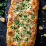 Garlic bread with pizza dough - the image shows a rectangular piece of bread with a golden brown crust on a black slate surface. the bread appears to be freshly baked and has a crumbly texture. on top of the bread, there is a layer of melted cheese and a sprinkle of chopped parsley. there are also a few garlic cloves scattered around the bread. the overall appearance is rustic and appetizing.