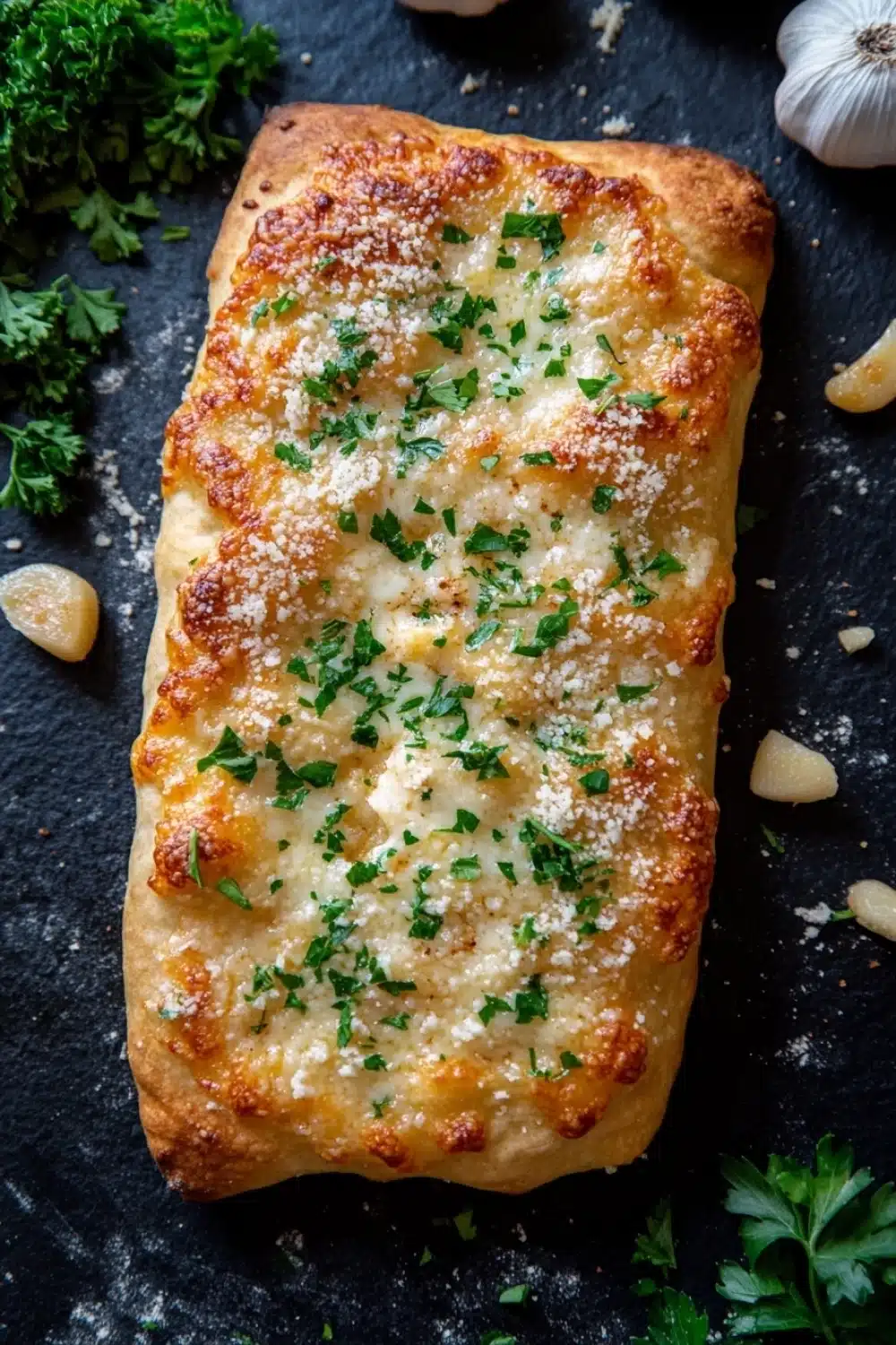 Garlic bread with pizza dough - the image shows a rectangular piece of bread with a golden brown crust on a black slate surface. the bread appears to be freshly baked and has a crumbly texture. on top of the bread, there is a layer of melted cheese and a sprinkle of chopped parsley. there are also a few garlic cloves scattered around the bread. the overall appearance is rustic and appetizing.