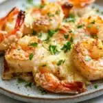 Garlic butter shrimp bake - the image shows a plate of cooked shrimp on a white marble countertop. the shrimp are arranged in a circular pattern on the plate, with some overlapping each other. they are cooked to a golden brown color and appear to be seasoned with herbs and spices. the dish is garnished with chopped parsley, adding a pop of green color to the plate. the plate is round and has a light brown color. the background is blurred, making the plate the focal point of the image.