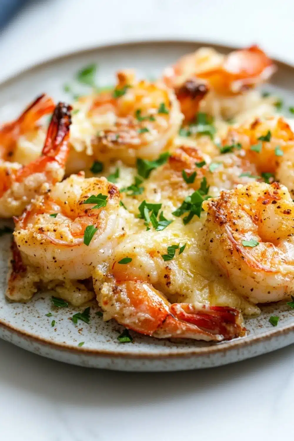 Garlic butter shrimp bake - the image shows a plate of cooked shrimp on a white marble countertop. the shrimp are arranged in a circular pattern on the plate, with some overlapping each other. they are cooked to a golden brown color and appear to be seasoned with herbs and spices. the dish is garnished with chopped parsley, adding a pop of green color to the plate. the plate is round and has a light brown color. the background is blurred, making the plate the focal point of the image.
