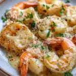 Garlic butter shrimp bake - the image is a close-up of a plate of cooked shrimp. the shrimp are cooked medium-sized and have a golden-brown color. they are arranged in a circular pattern on the plate, with some overlapping each other. the dish is garnished with chopped parsley and sprinkled with sesame seeds. the plate is white with a light brown rim. the background is blurred, but it appears to be a wooden table.