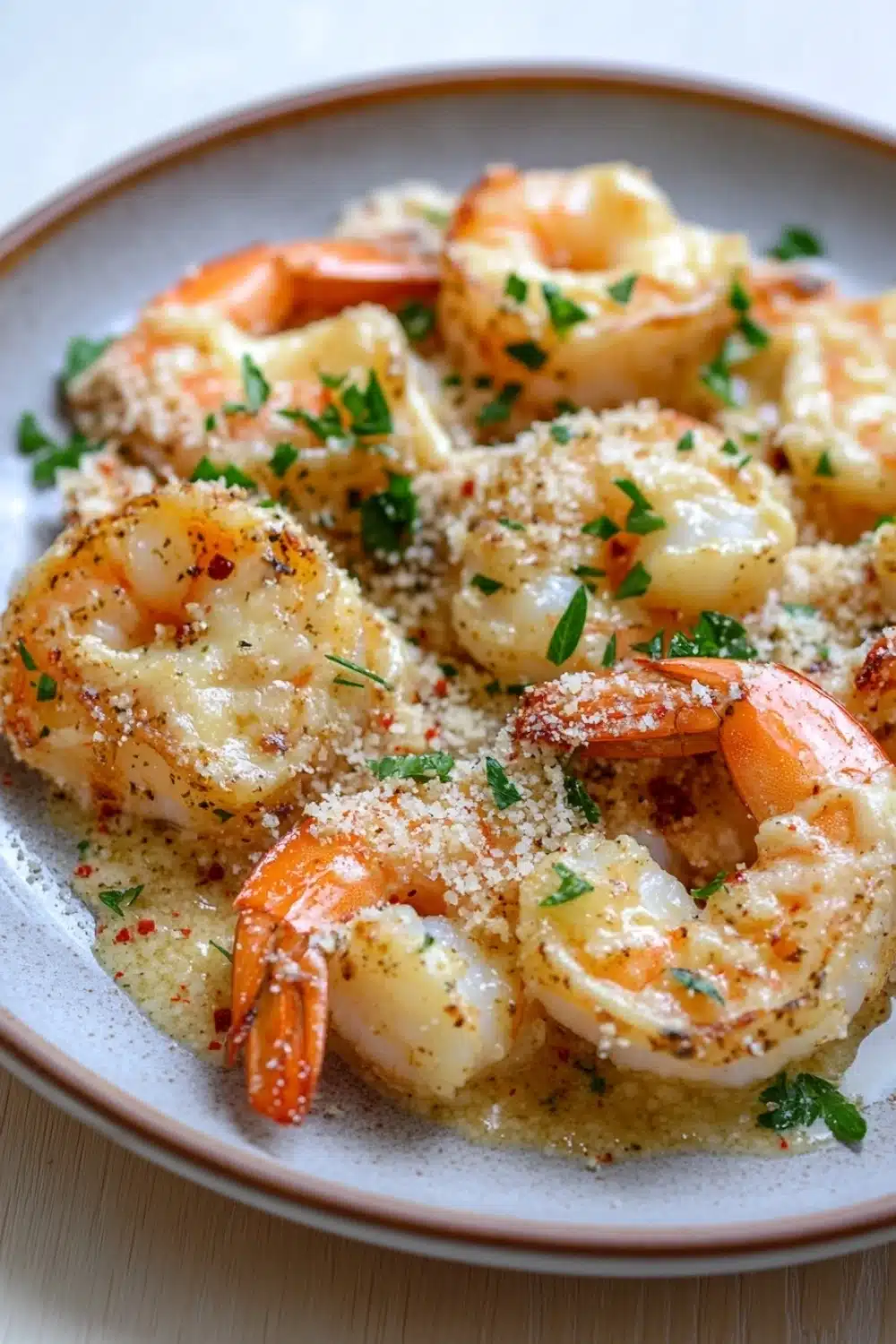 Garlic butter shrimp bake - the image is a close-up of a plate of cooked shrimp. the shrimp are cooked medium-sized and have a golden-brown color. they are arranged in a circular pattern on the plate, with some overlapping each other. the dish is garnished with chopped parsley and sprinkled with sesame seeds. the plate is white with a light brown rim. the background is blurred, but it appears to be a wooden table.