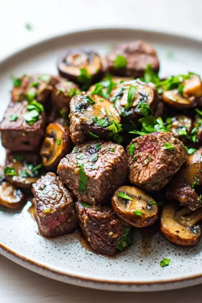 Garlic butter steak bites with mushrooms crockpot - the image is a close-up of a plate of food. the plate is white with a speckled pattern and is placed on a wooden table. on the plate, there are several pieces of cooked meat, which appear to be beef tenderloin, arranged in a circular pattern. the meat is dark brown in color and has a marbled texture. there are also small pieces of sliced mushrooms scattered around the plate. the mushrooms are also garnished with chopped parsley, adding a pop of green color to the dish. the dish looks appetizing and ready to eat.