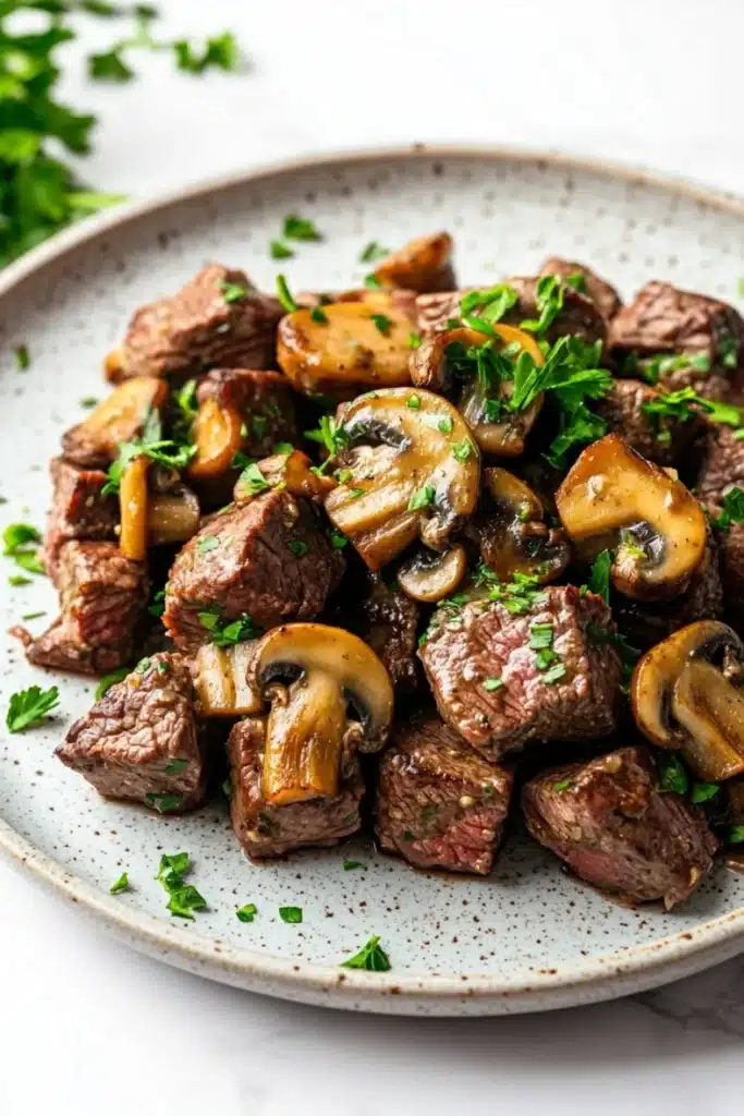 Garlic butter steak bites with mushrooms crockpot - the image is a close-up of a plate of food. the plate is white with a speckled pattern and is placed on a white marble countertop. on top of the plate, there are several pieces of cooked beef, which appear to be medium-rare and have a reddish-brown color. the beef is garnished with sliced mushrooms and chopped parsley. the mushrooms are arranged in a pile and are scattered around the plate. the dish looks appetizing and ready to eat.