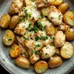 Garlic parm chicken potato skillet - the image is a close-up of a plate of roasted potatoes. the potatoes are golden brown and appear to be seasoned with herbs and spices. they are arranged in a circular pattern on the plate, with some overlapping each other. on top of the potatoes, there is a layer of melted cheese, which is drizzled over the top. the plate is sitting on a dark grey textured surface. the overall appearance of the dish is savory and appetizing.