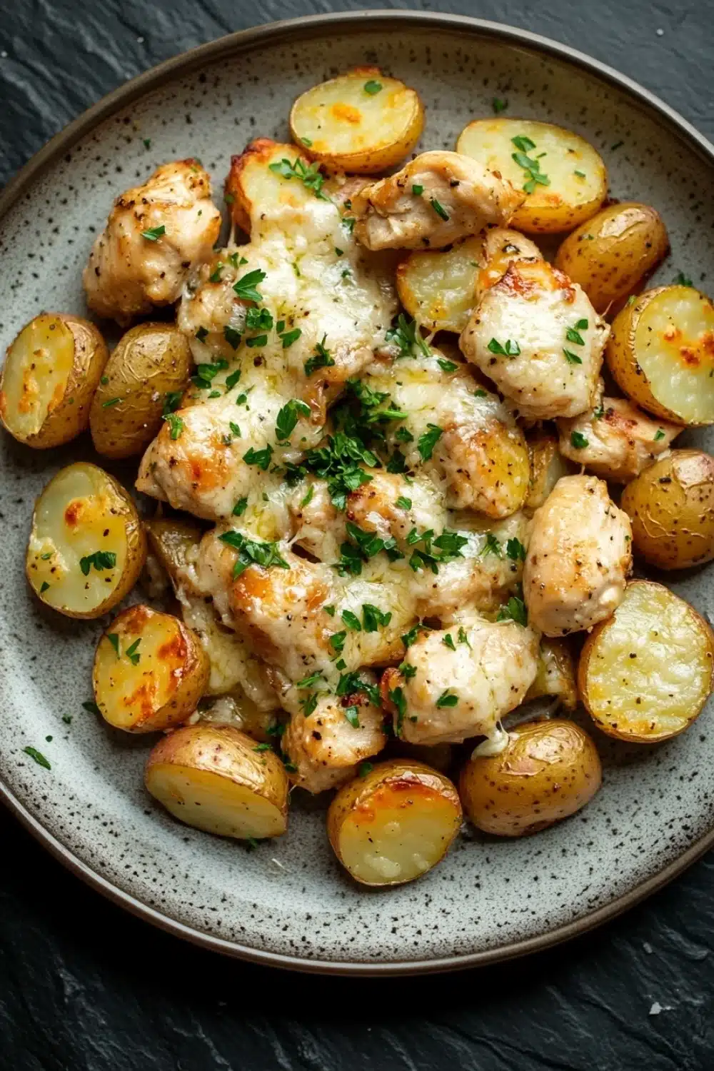 Garlic parm chicken potato skillet - the image is a close-up of a plate of roasted potatoes. the potatoes are golden brown and appear to be seasoned with herbs and spices. they are arranged in a circular pattern on the plate, with some overlapping each other. on top of the potatoes, there is a layer of melted cheese, which is drizzled over the top. the plate is sitting on a dark grey textured surface. the overall appearance of the dish is savory and appetizing.