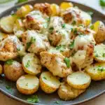 Garlic parm chicken potato skillet - the image shows a plate of roasted potatoes with a creamy sauce on top. the potatoes are golden brown and appear to be seasoned with herbs and spices. the sauce is drizzled over the top of the potatoes, giving them a golden-brown color. the plate is sitting on a wooden table with a few sprigs of parsley scattered around it. the background is blurred, but it appears to be a kitchen countertop.