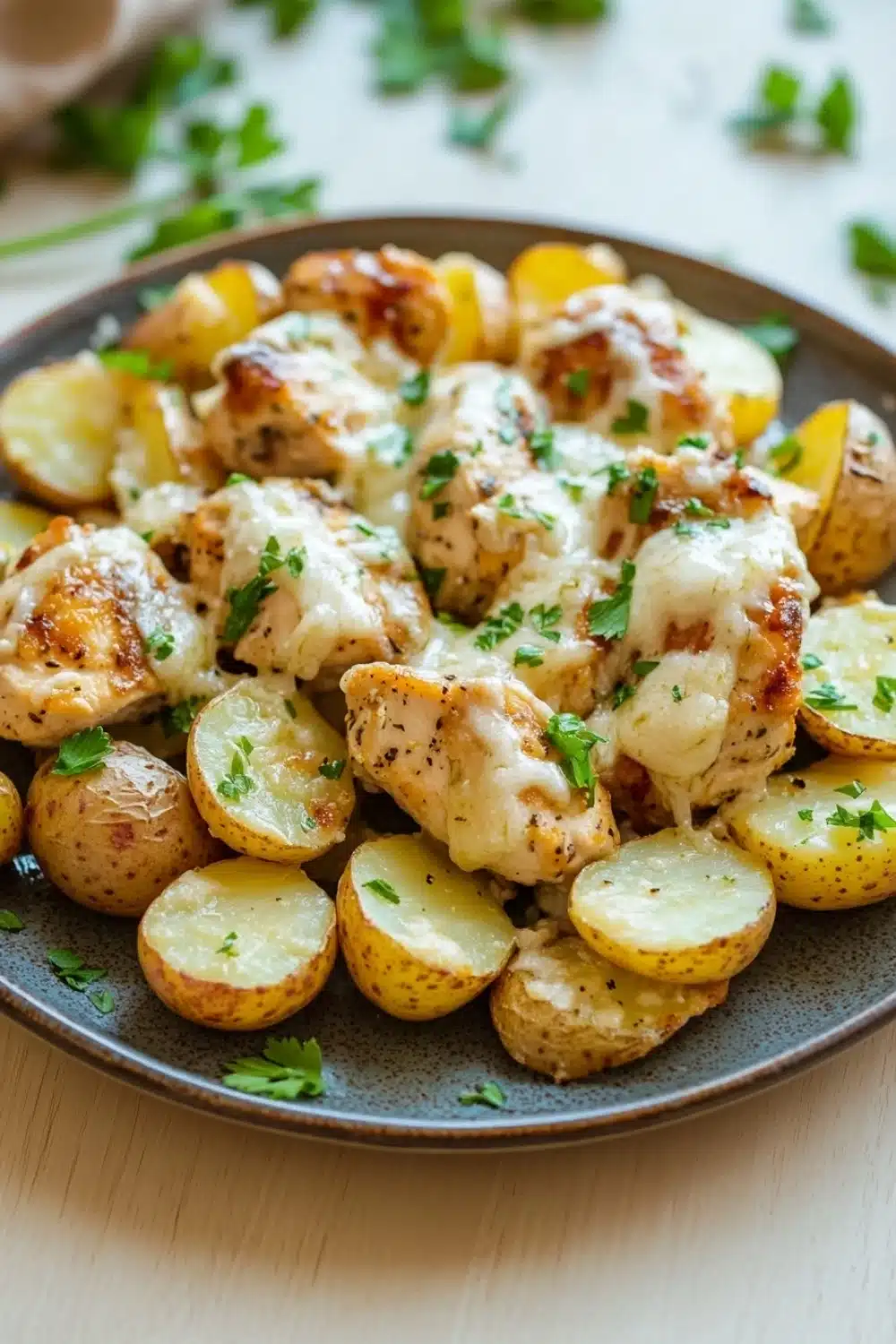 Garlic parm chicken potato skillet - the image shows a plate of roasted potatoes with a creamy sauce on top. the potatoes are golden brown and appear to be seasoned with herbs and spices. the sauce is drizzled over the top of the potatoes, giving them a golden-brown color. the plate is sitting on a wooden table with a few sprigs of parsley scattered around it. the background is blurred, but it appears to be a kitchen countertop.