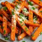 Garlic parmesan carrot fries - the image shows a plate of freshly cooked carrots. the carrots are orange in color and have a crispy texture. they are arranged in a circular pattern on the plate, with some overlapping each other. on top of the carrots, there is a generous amount of grated parmesan cheese, which is sprinkled with chopped parsley. the plate is light blue and has a textured surface. the background is blurred, but it appears to be a wooden table.