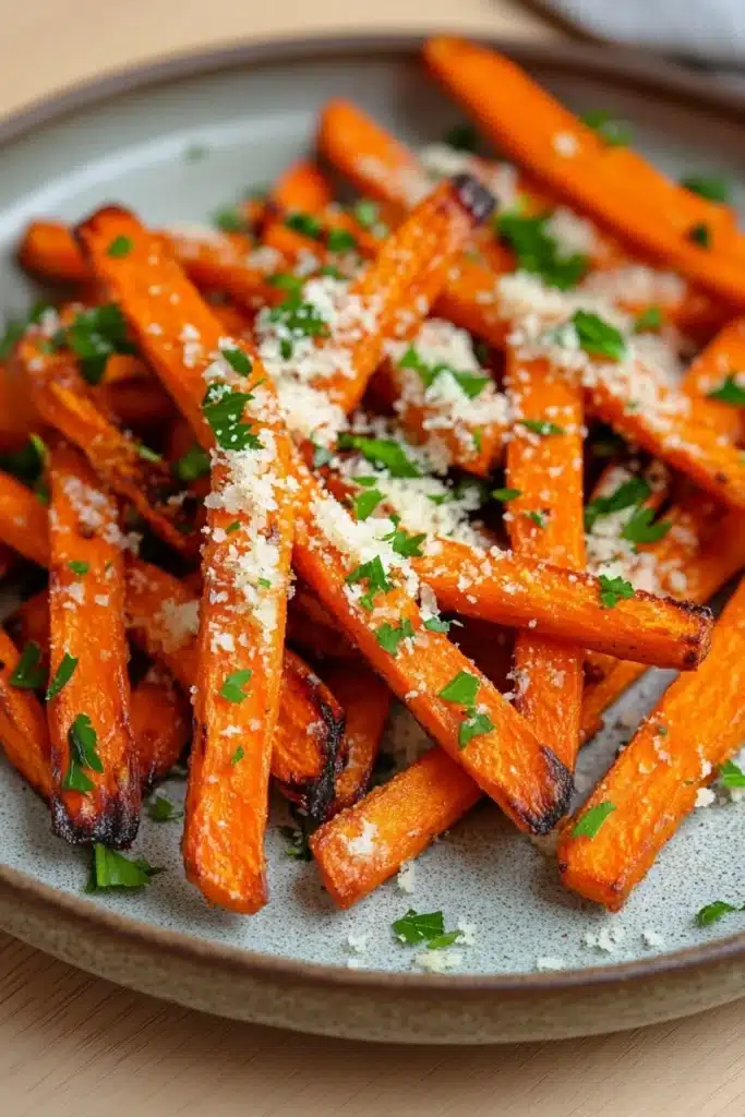 Garlic parmesan carrot fries - the image shows a plate of freshly cooked carrots. the carrots are orange in color and have a crispy texture. they are arranged in a circular pattern on the plate, with some overlapping each other. on top of the carrots, there is a generous amount of grated parmesan cheese, which is sprinkled with chopped parsley. the plate is light blue and has a textured surface. the background is blurred, but it appears to be a wooden table.